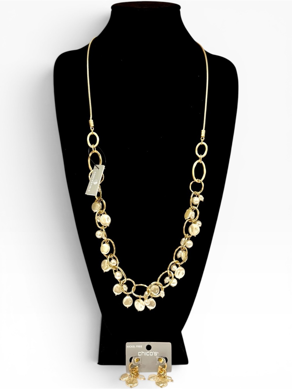 CHICO’S Flattened Pearl Gold Necklace & Matching Earrings Set | NWT